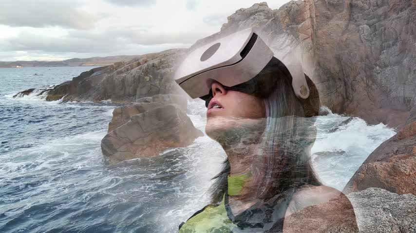 Woman is using virtual reality headset to access in metaverse. Video 4k. Cinemagraphy.